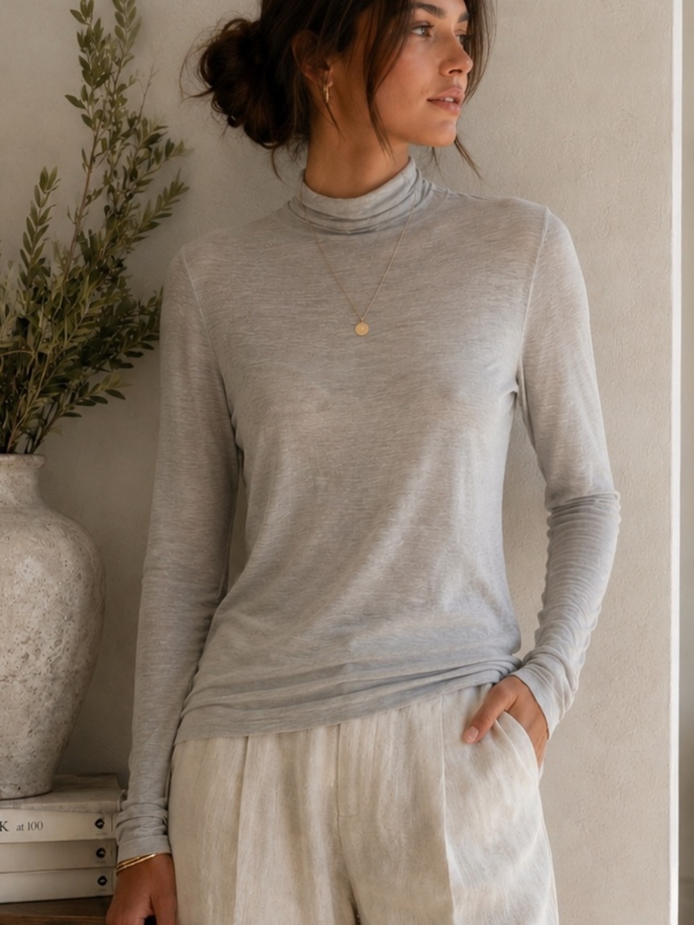 Eileen Fisher Light Gray Tissue Turtleneck Top XS to M